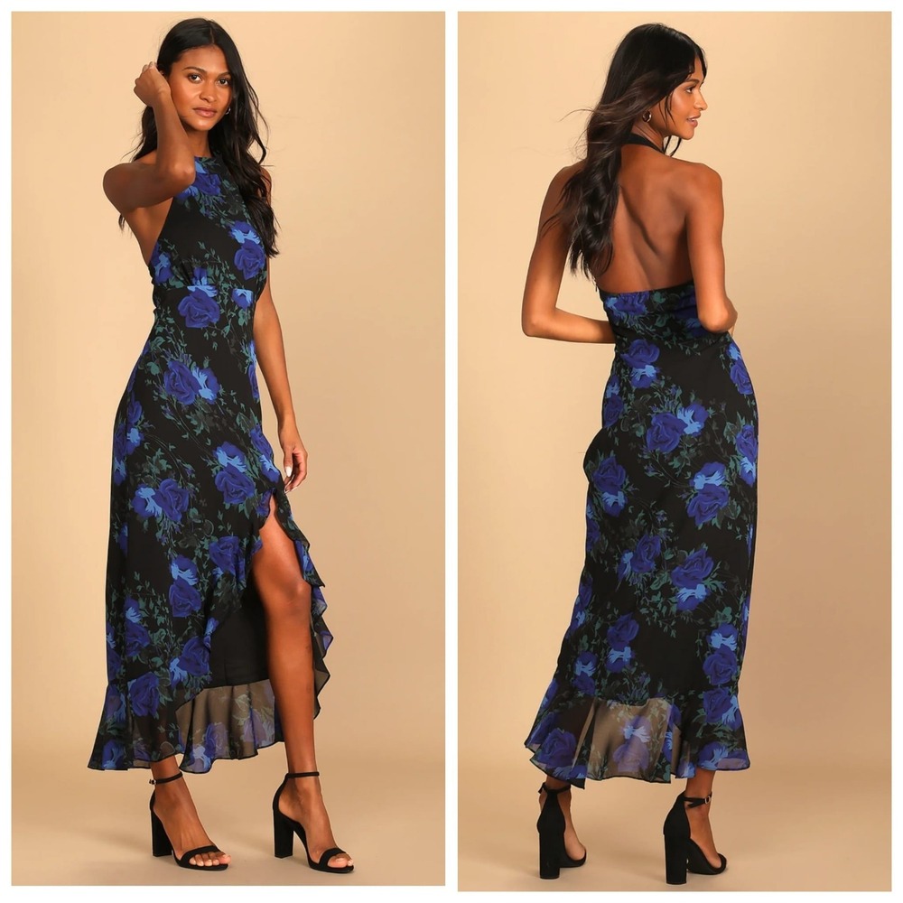 Lulus Bloom With Me Black Blue Floral Halter High-Low‎ Maxi Dress XL New